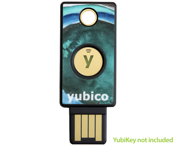 A YubiKey 5 NFC fitted with a Geode Blue YubiStyle
